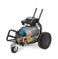 Mobilna myjka Mazzoni KC3005 bez obudowy, z widocznym silnikiem, mosiężną pompą, niebieskim filtrem i czarną ramą na kołach.