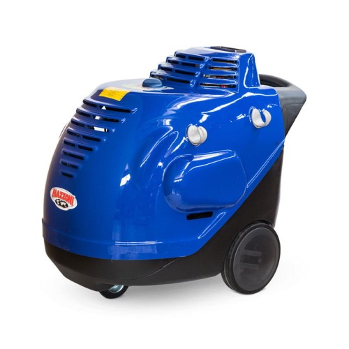 Niebieska mobilna myjka wysokociśnieniowa Mazzoni MH4000 na gorącą wodę, z czarną podstawą, solidnymi kołami i ergonomicznym uchwytem.