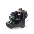 Mobilna myjka Mazzoni bez obudowy. Widoczny silnik, pompa, kocioł grzewczy i elementy wewnętrzne na czarnej ramie z kołami.