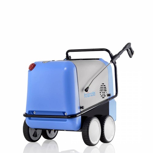 front myjki ciśnieniowej model Kranzle Therm 875 - 1, solidna myjka na 4 kolach, w kolorze niebiesko szarym , z pistoletem i lancą