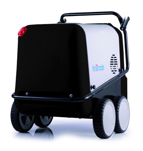 Czarno-biała mobilna myjka wysokociśnieniowa Kranzle therm 1017 na gorącą wodę. Ma kompaktową, skrzyniową obudowę, cztery duże białe koła i uchwyt ułatwiający transport. Idealna do profesjonalnych zastosowań.