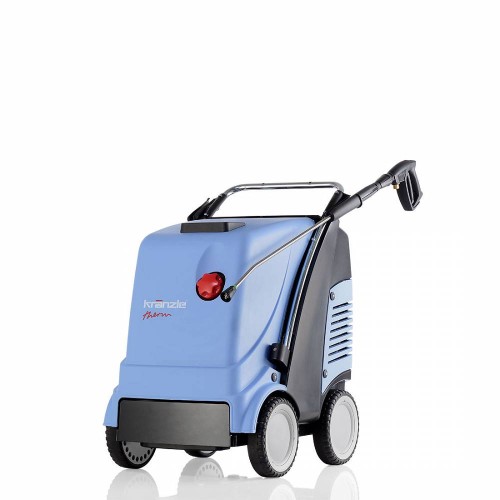 front myjki ciśnieniowej model Kranzle Therm CA12/150, solidna myjka na 4 kolach, w kolorze niebiesko szarym , z pistoletem i lancą