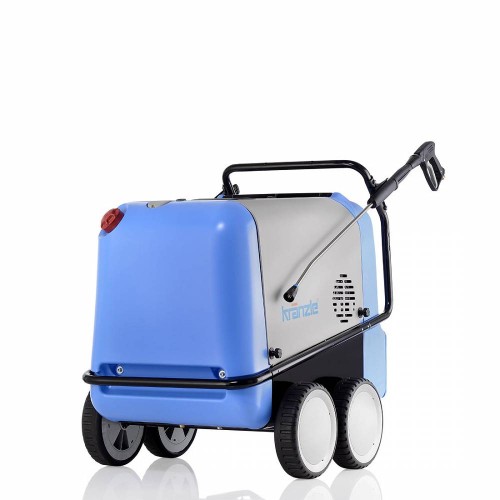 front myjki ciśnieniowej model Kranzle Therm 1165 - 1, solidna myjka na 4 kolach, w kolorze niebiesko szarym , z pistoletem i lancą