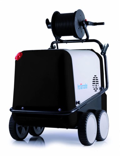front myjki ciśnieniowej model Kranzle Therm 1017 z bębnem na wąż, , solidna myjka na 4 kolach, w kolorze czarno szarym , z pistoletem i lancą