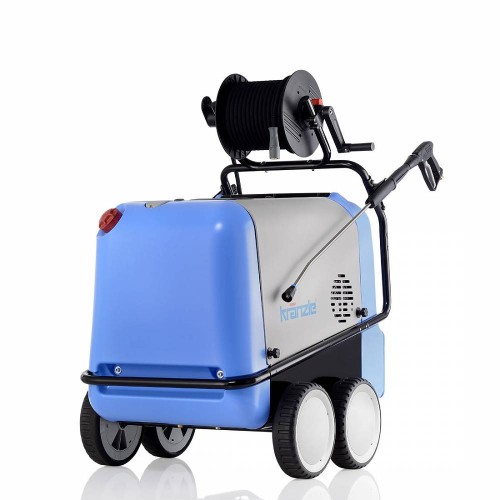 front myjki ciśnieniowej model Kranzle Therm 1165 - 1 TST z bębnem na wąż, , solidna myjka na 4 kolach, w kolorze niebiesko szarym, z pistoletem i lancą