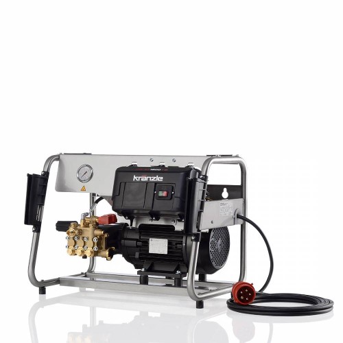 front, myjka ciśnieniowa Kranzle WS 1600 RP ts na nóżkach  i boczkach z rury inox, czarny silnik elektryczny i pompa korbowodwa, Schowana wewnątrz konstrukcji, ale niezabudowana, widoczny również manometr i sterowanie, bez obudowy. Myjka  stacjonarna