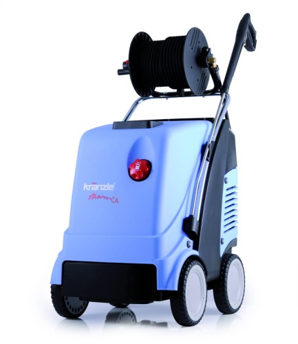 ujęcie myjki ciśnieniowej Kranzle therm CA 11 130  z bębnem na wąż, solidna myjka na 4 kołach, w kolorze niebiesko szarym , z pistoletem i lancą
