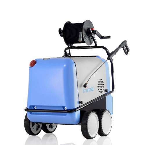 ujęcie myjki ciśnieniowej Kranzle  1600 rp tst  z bębnem na wąż, solidna myjka na 4 kołach, w kolorze niebiesko szarym , z pistoletem i lancą