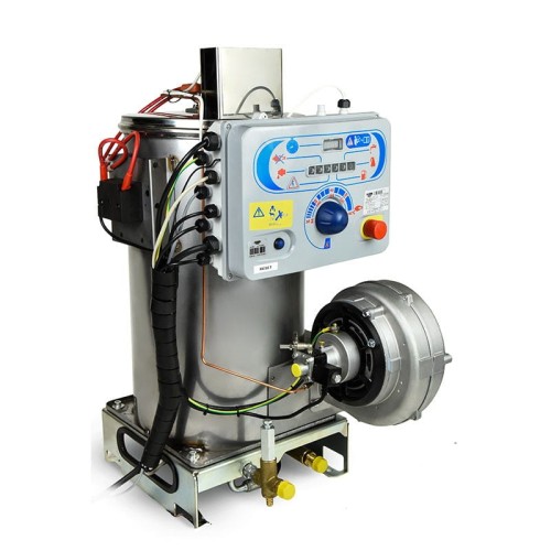 średni kocioł, Stacjonarny kocioł grzewczy Mazzoni do podgrzewania wody, w kolorze srebrnym, z bocznym palnikiem i panelem sterowania z pokrętłami.