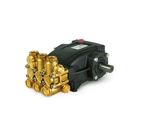 pompa korbowodowa, głowica wykonana z mosiądzu, korpus pompy żeliwny pomalowany na czarno, wałek stalowy do połączenia z silnikiem