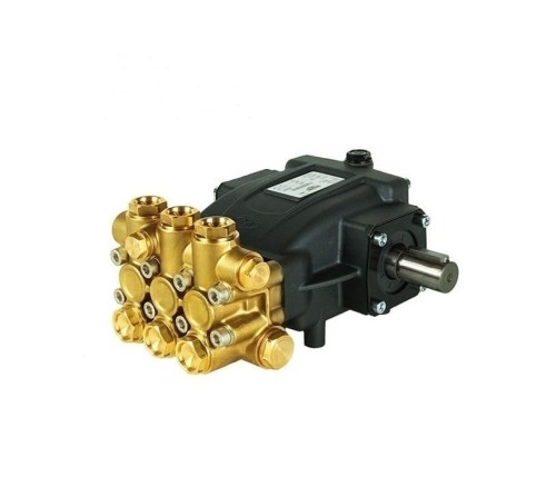 pompa korbowodowa, głowica wykonana z mosiądzu, korpus pompy żeliwny pomalowany na czarno, wałek stalowy do połączenia z silnikiem