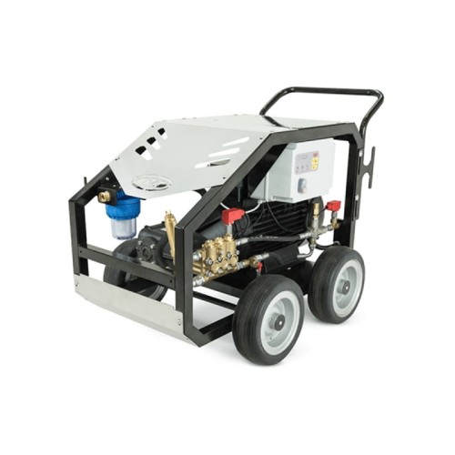 Mobilna myjka wysokociśnieniowa Mazzoni KXS Heavy Duty z silnikiem elektrycznym, na czterech kołach, z otwartą ramą i widoczną pompą oraz filtrem wody.pg